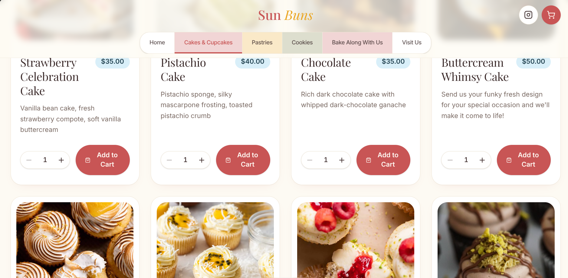 Sun Buns Cakes and Cupcakes storefront with product cards, pricing, quantity controls, and Add to Cart buttons