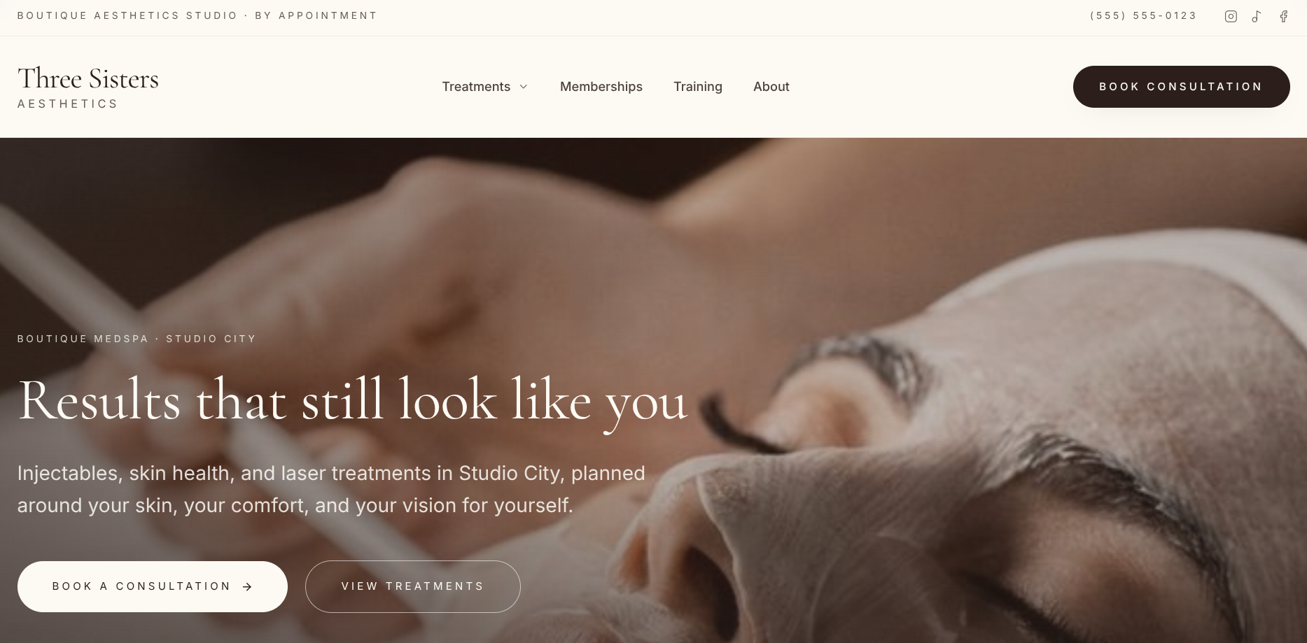 Desktop website screenshot of the Three Sisters Aesthetics project