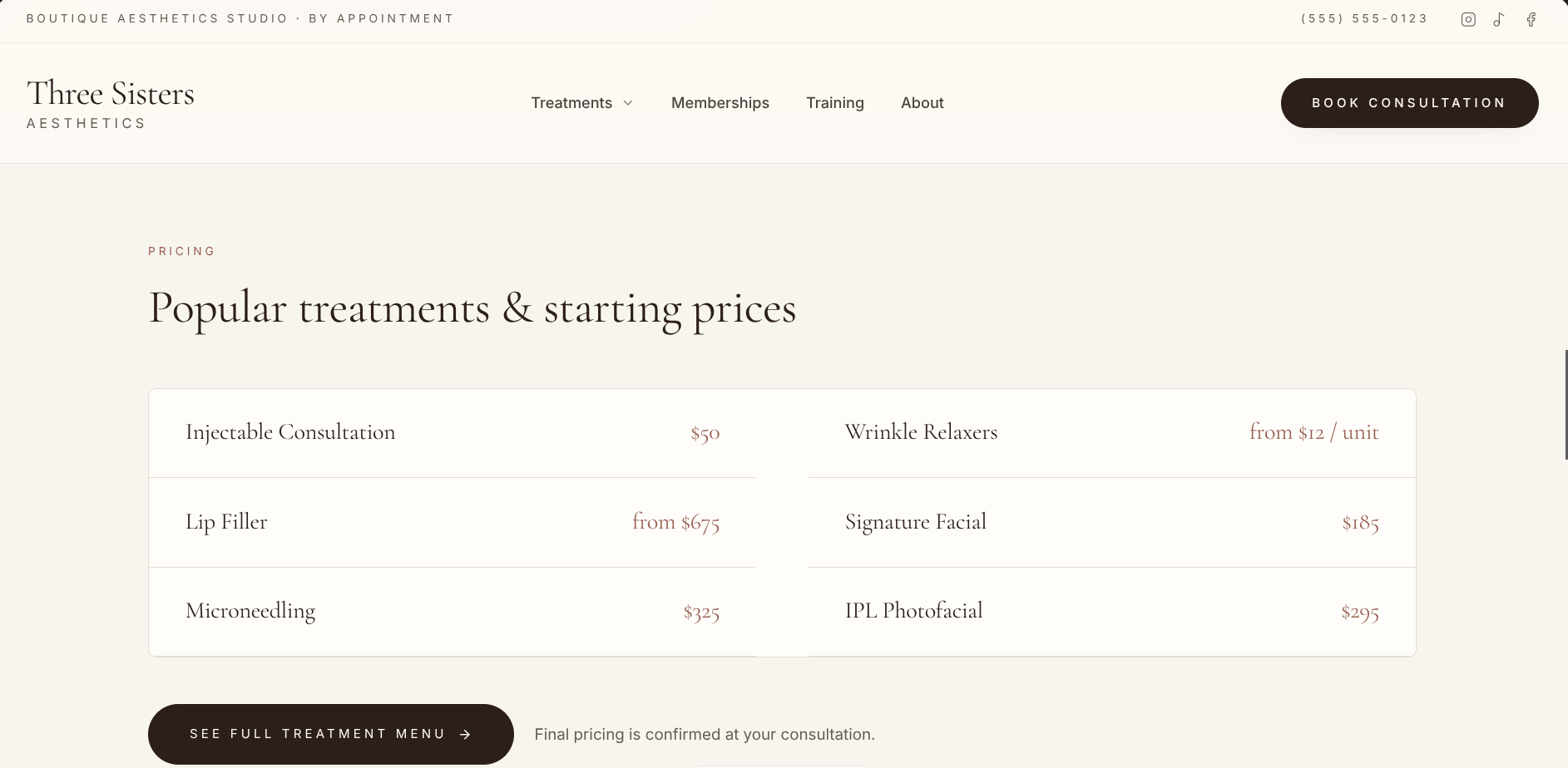 Three Sisters Aesthetics popular treatments and starting prices table with a link to the full treatment menu