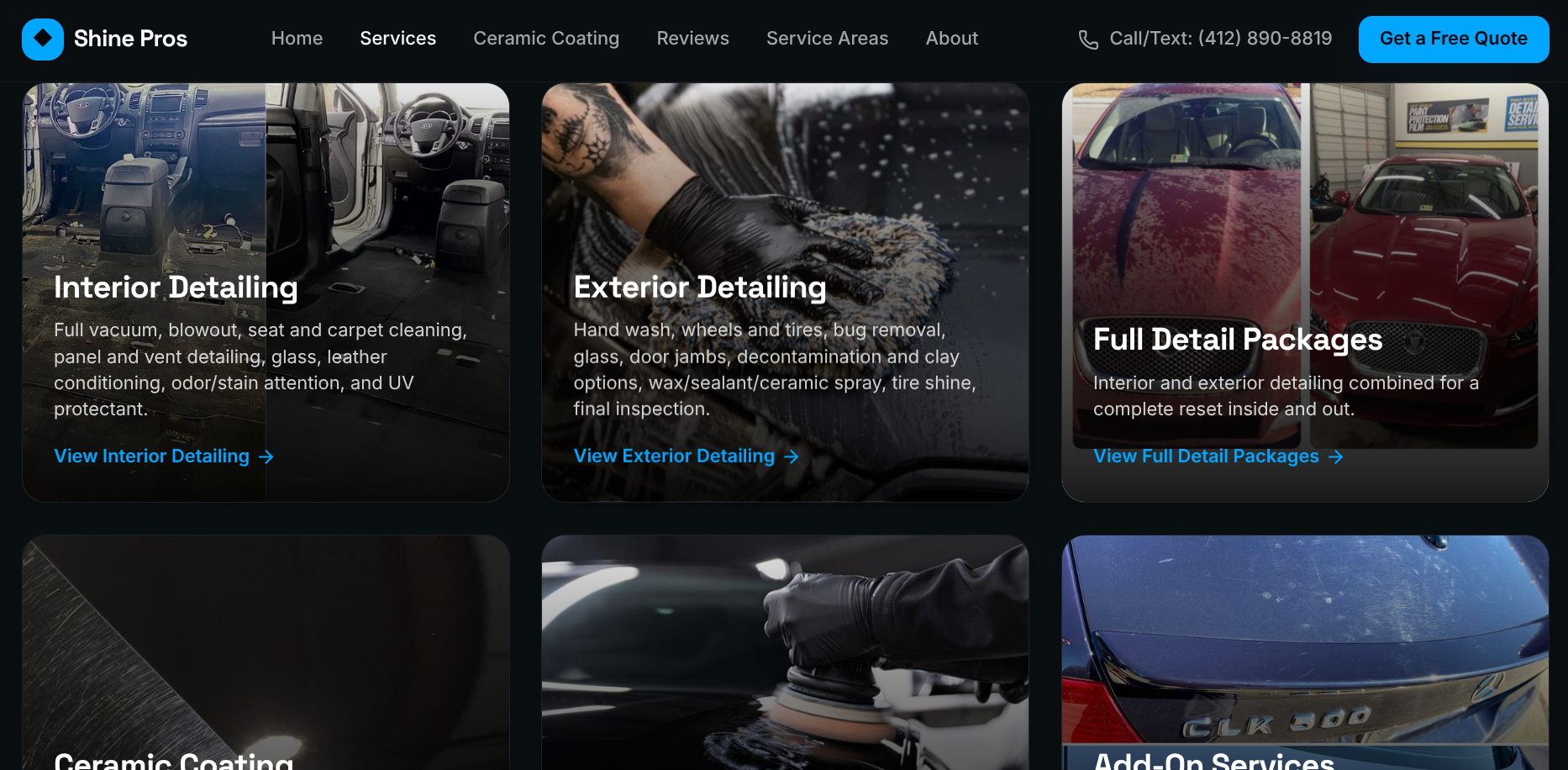 Shine Pros service categories including interior detailing, exterior detailing, and full detail packages