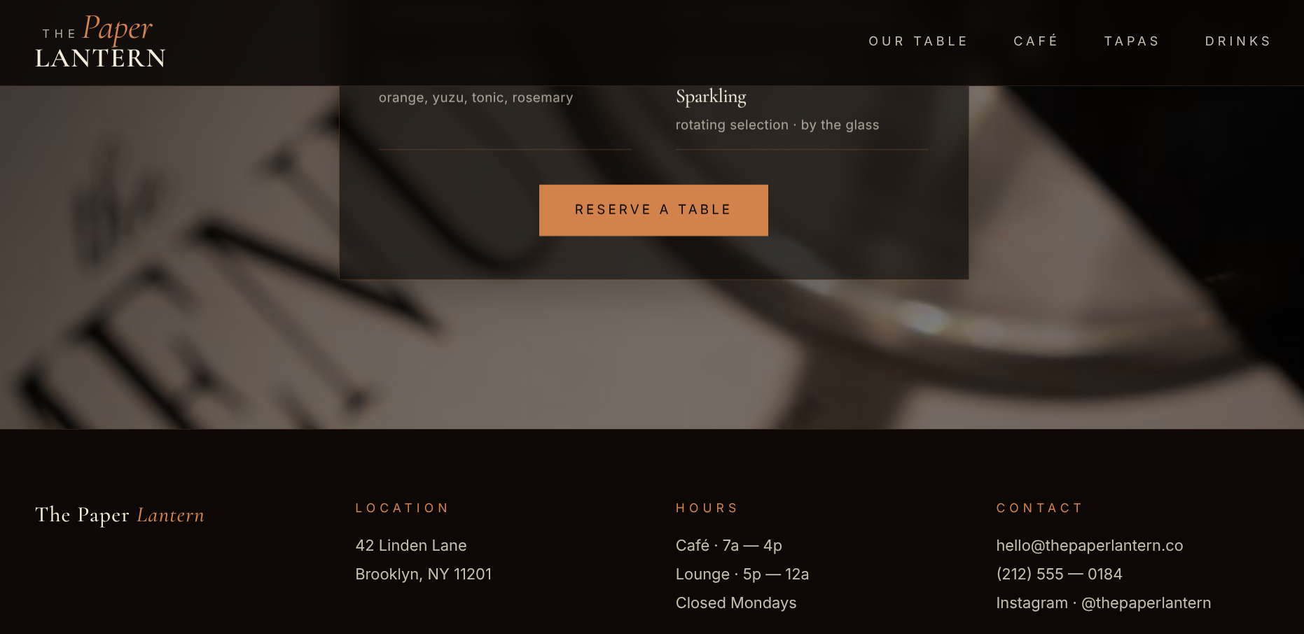 The Paper Lantern reserve a table action and footer with location, hours, and contact details