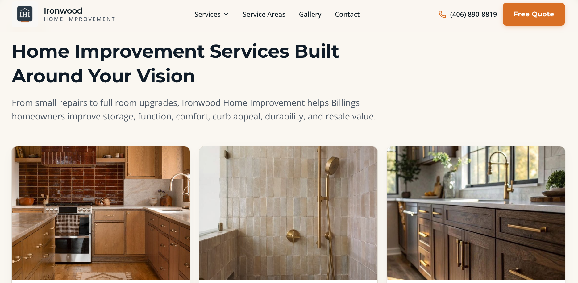 Ironwood Home Improvement services page headed Home Improvement Services Built Around Your Vision with kitchen, shower, and cabinetry imagery