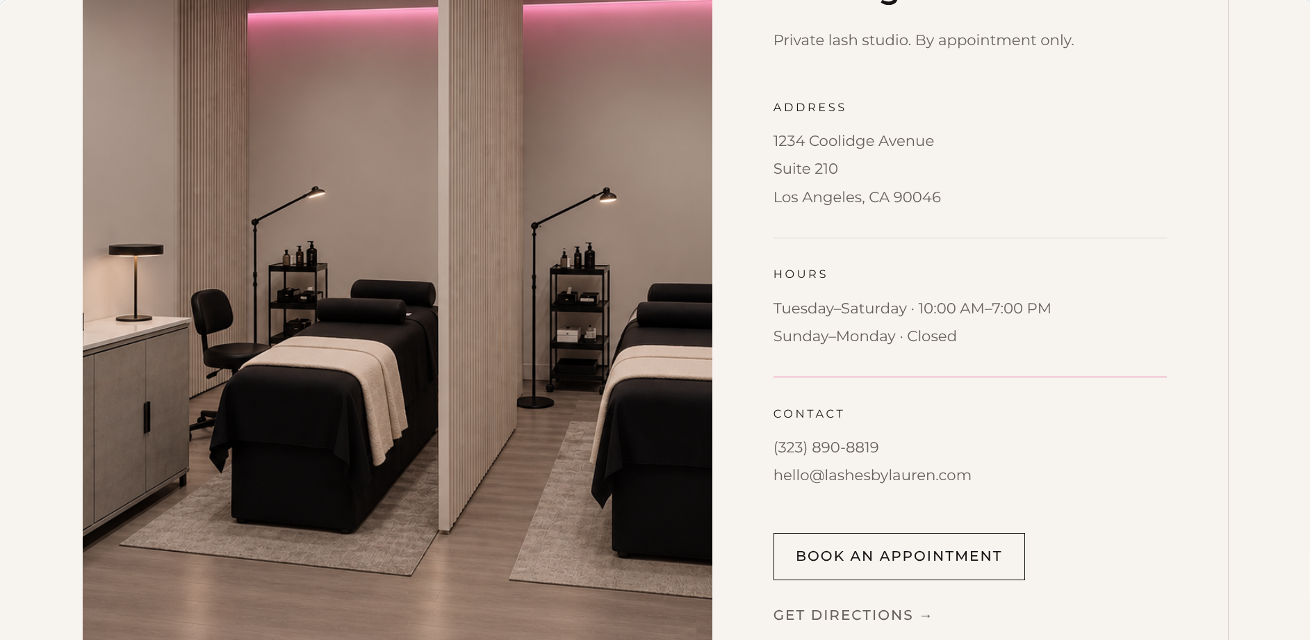 Lashes by Lauren studio page with address, hours, contact details, and a Book an Appointment action beside a photo of the private treatment room