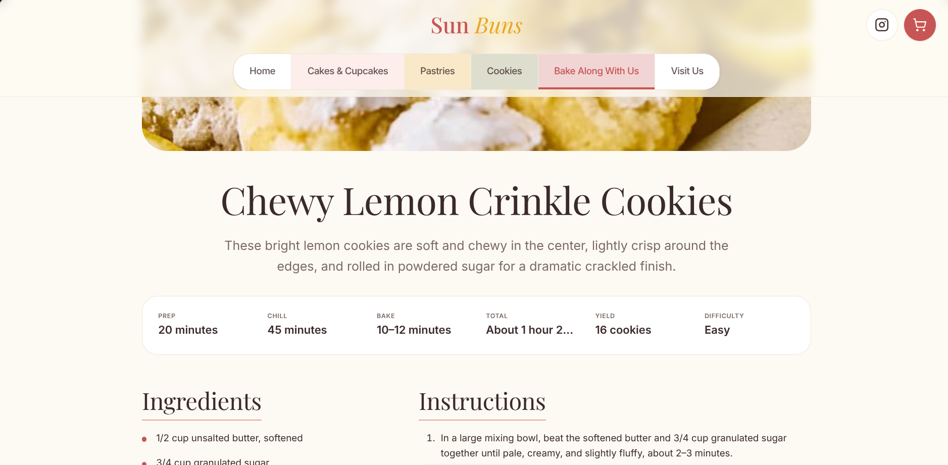 Sun Buns Chewy Lemon Crinkle Cookies recipe page with timing details, ingredients, and instructions