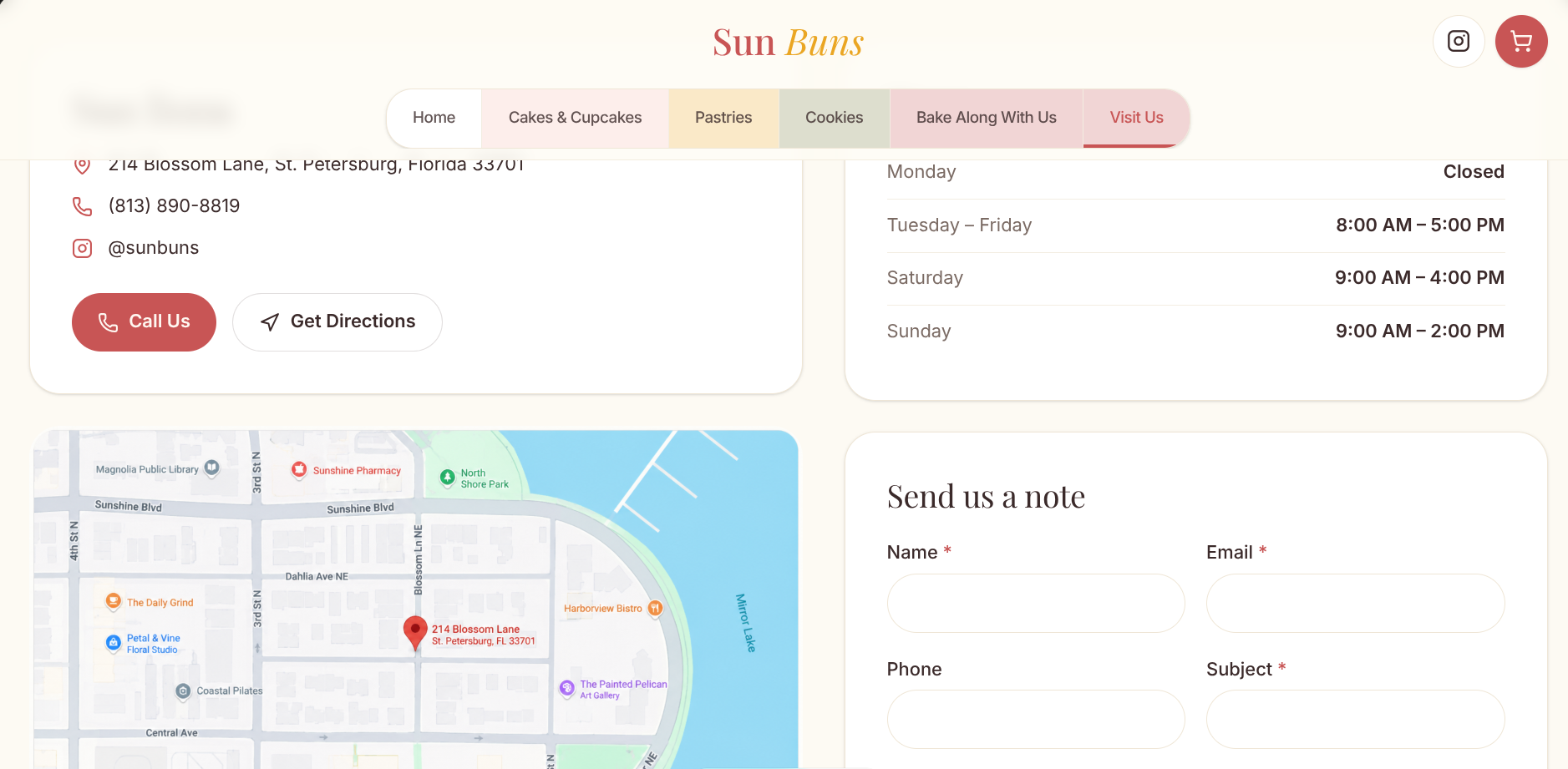 Sun Buns Visit Us page with contact information, store hours, map, directions, and inquiry form