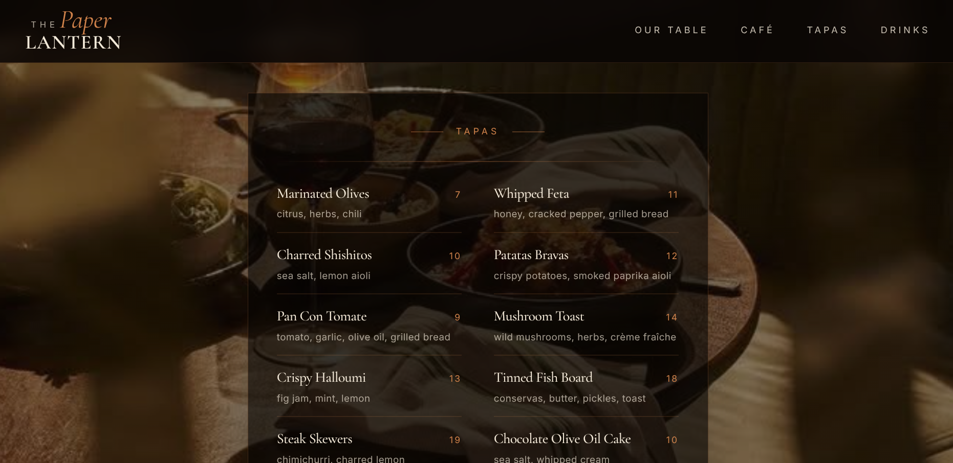 The Paper Lantern tapas menu layered over atmospheric evening dining photography