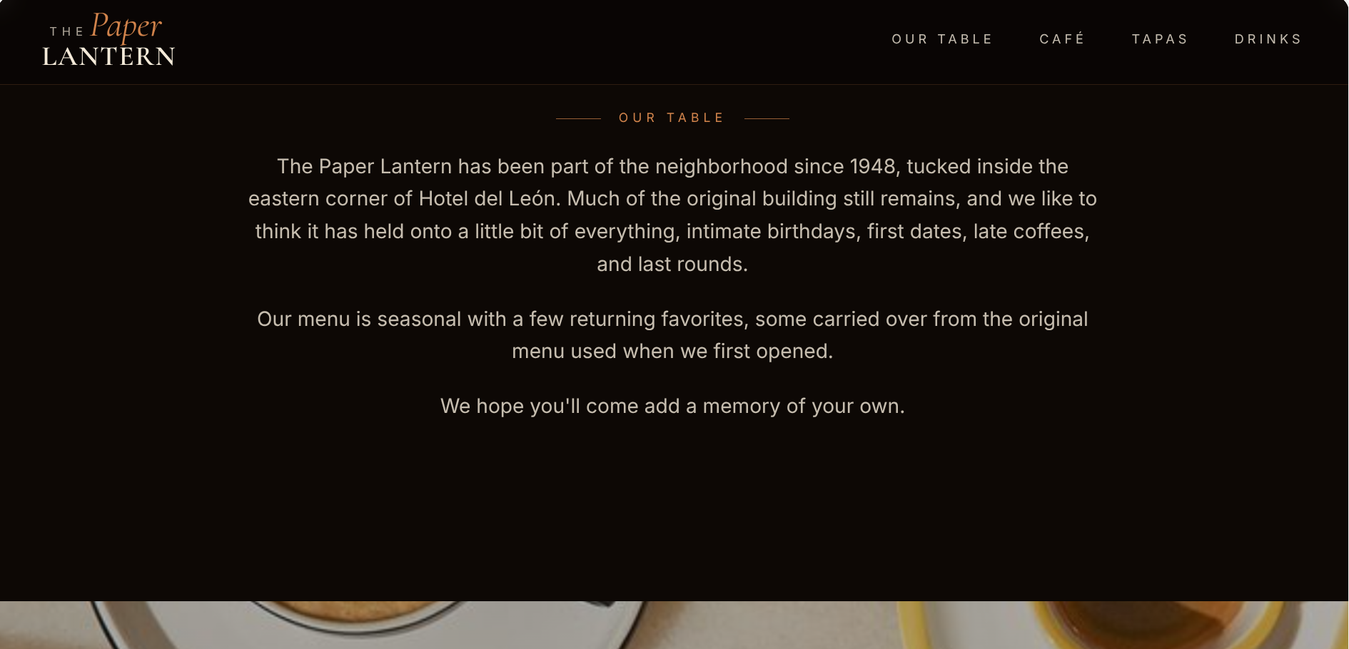 The Paper Lantern Our Table page introducing the cafe and lounge story