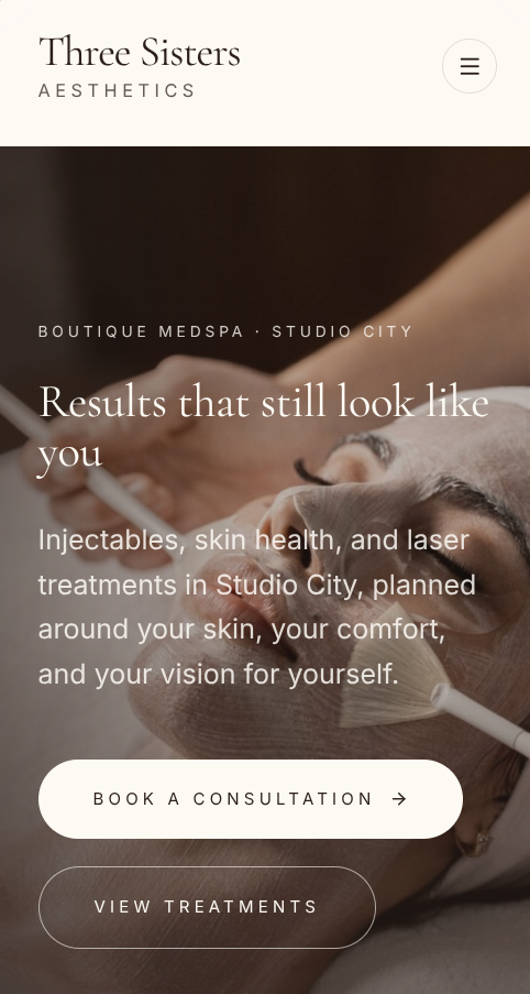 Mobile website screenshot of the Three Sisters Aesthetics project