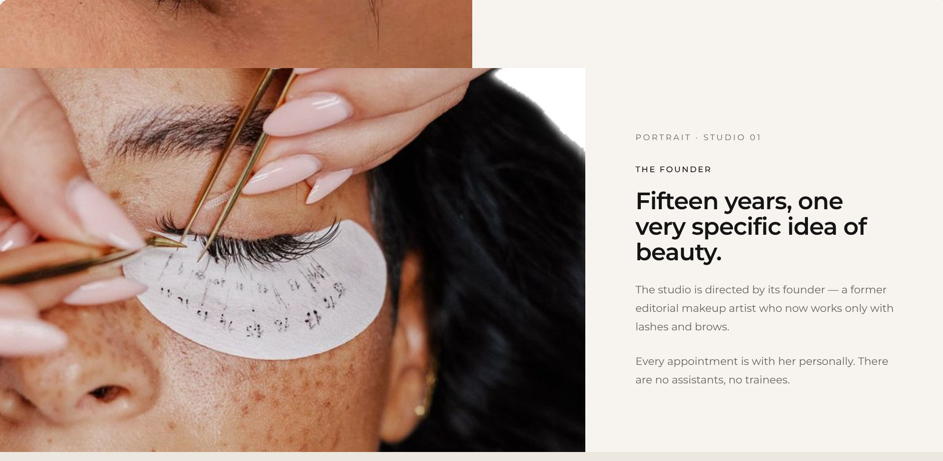 Lashes by Lauren editorial founder section titled Fifteen years, one very specific idea of beauty with close-up lash application photography
