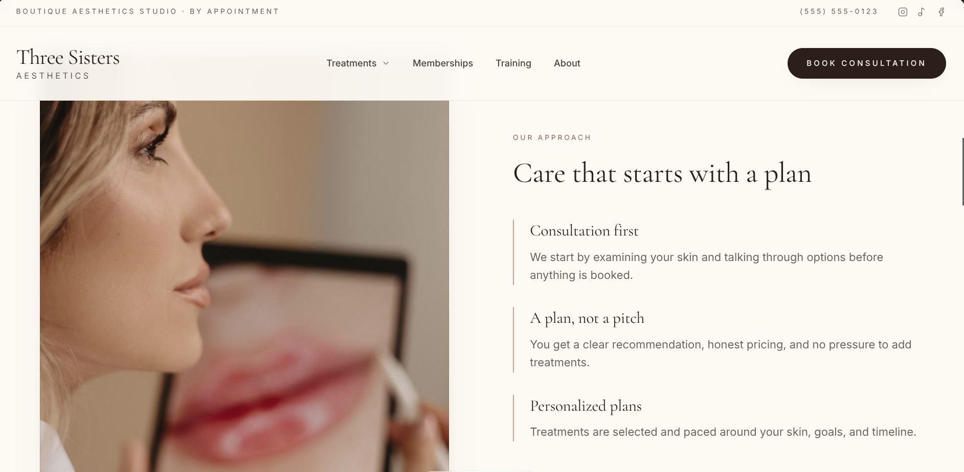 Three Sisters Aesthetics Care that starts with a plan section explaining consultation first, a plan not a pitch, and personalized plans