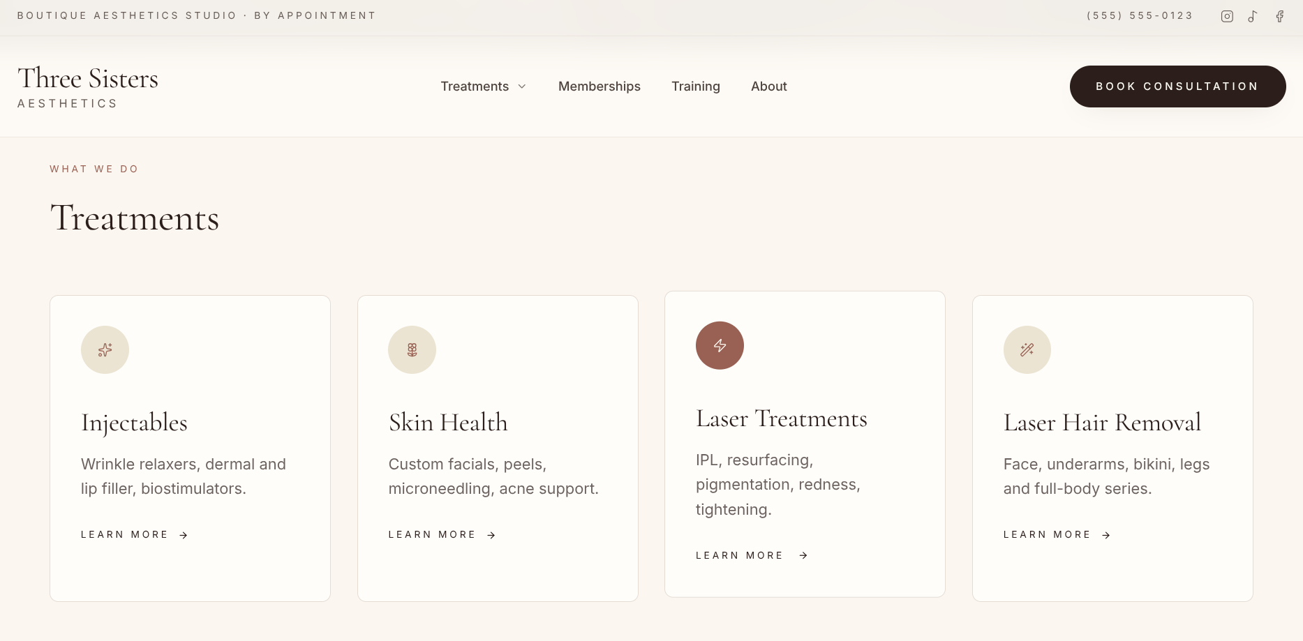 Three Sisters Aesthetics treatments section with four category cards for Injectables, Skin Health, Laser Treatments, and Laser Hair Removal
