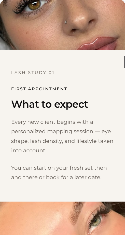Mobile website screenshot of the Lashes by Lauren project