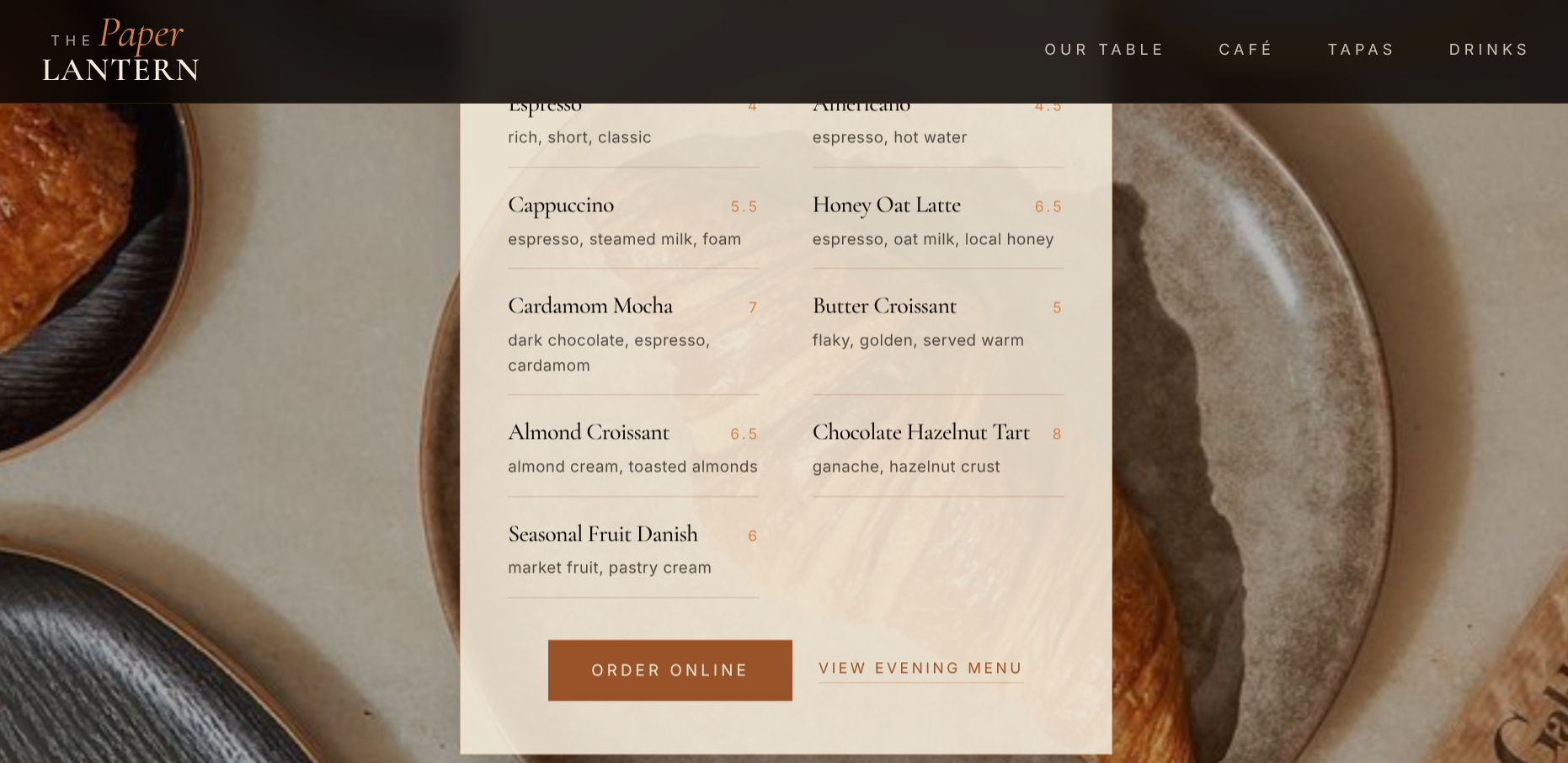 The Paper Lantern cafe menu with coffee and pastry items, order online and evening menu actions