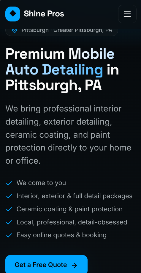 Mobile website screenshot of the Shine Pros project
