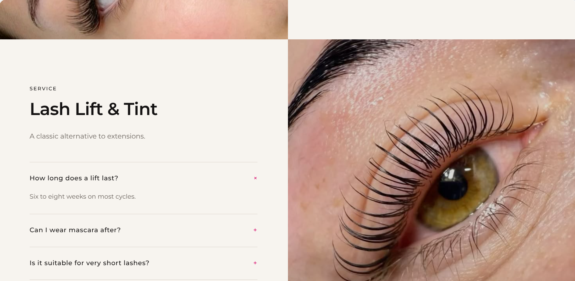 Lashes by Lauren Lash Lift and Tint service page with description and expandable service FAQs beside close-up lash photography