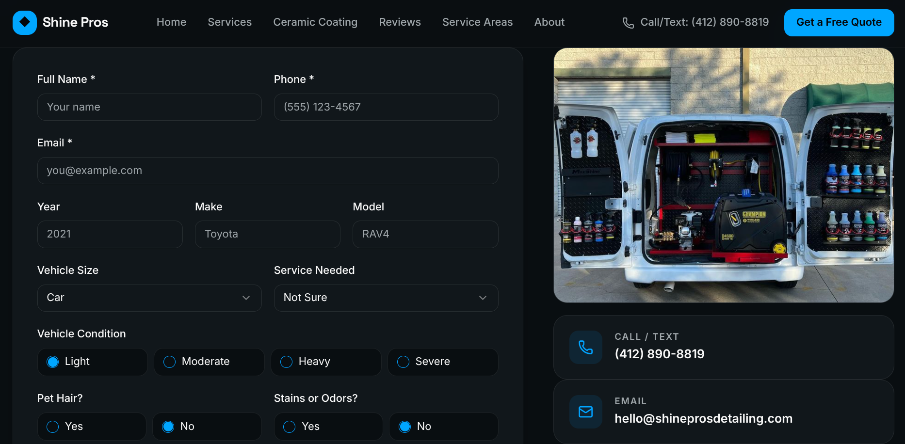 Shine Pros detailed quote form beside the mobile detailing van and contact information